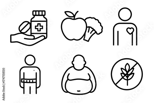 Nutrition and health line icon set. Concepts for healthy food, diet, treatment, obesity, and palm oil free products. Vector illustration for wellness and lifestyle graphic design.