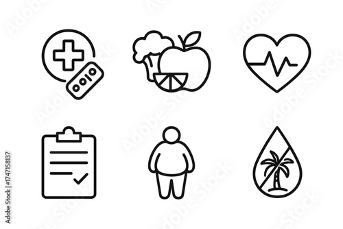 Nutrition line icon set. Healthy food, diet, and wellness concepts. Vector icons for health, treatment, obesity, vitamins, heart care, and palm oil free products.