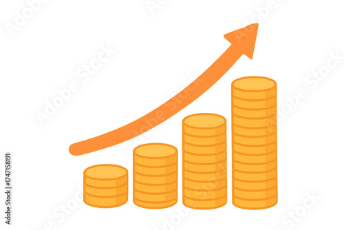 Financial growth concept. Profit graph with stacks of coins. Up arrow represents business success, investment return, savings increase. Metaphor for income & economy. Vector.