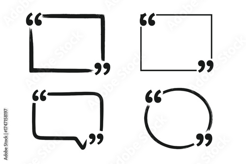 Quote box frame big set. Grunge hand drawn quotation boxes. Blank template for text, info, design. Speech bubble, blog quotes symbol. Creative vector banner illustration.