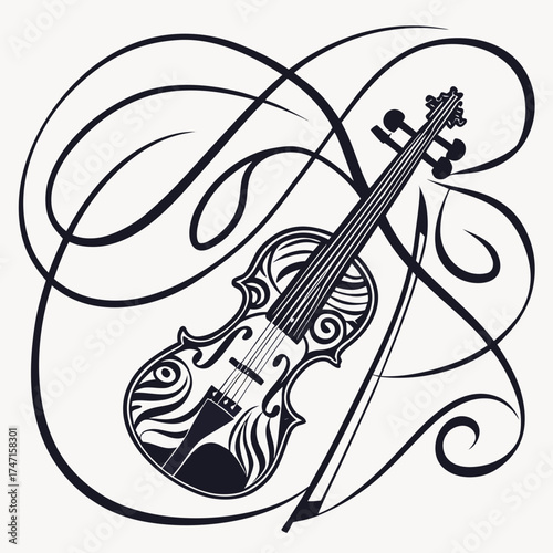 Black violin and bow abstract line art musical instrument
