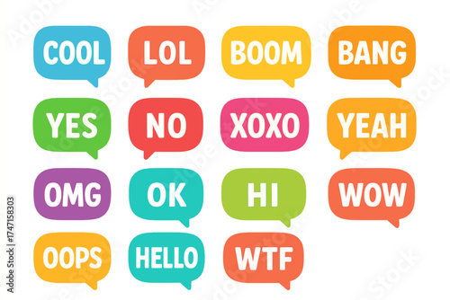 Speech bubble set with popular internet slang. Colorful chat message stickers with words cool, lol, omg, wtf, xoxo. Comic pop art style vector illustration collection isolated.