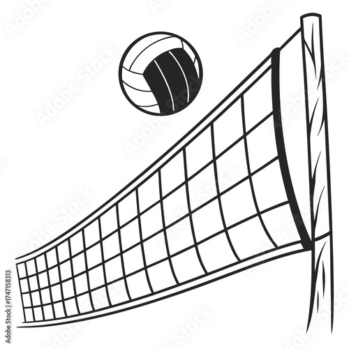 Black volleyball net and ball on white background sport