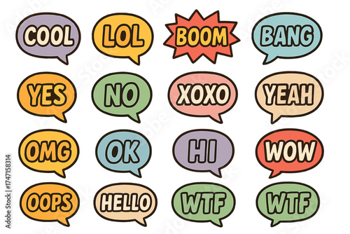 Set of pop art comic speech bubbles with chat messages. Vector sticker pack with words cool, lol, boom, bang, yes, no, xoxo, omg, ok, hi, wow, oops. Retro dialog clouds.