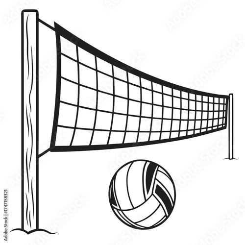 Black volleyball net and ball on white background sports