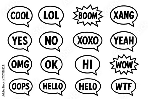 Collection of speech bubbles with common chat slang, words, and acronyms. Set of pop art comic style message icons for texting. Cool, LOL, OMG, YES, NO, XOXO, WOW vector pack.