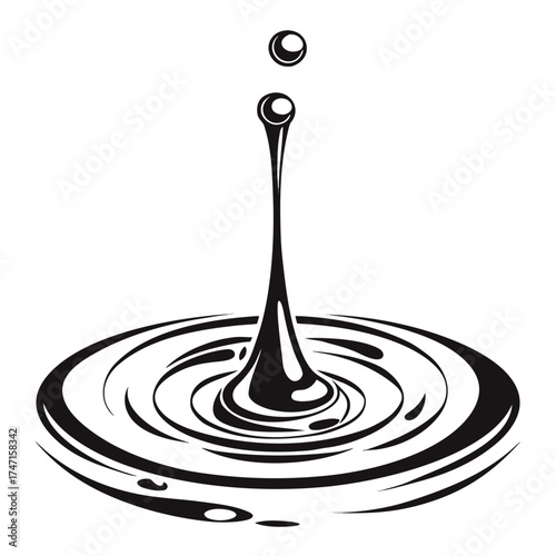 Black water drop creating ripples on white background