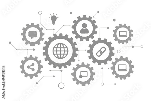 Technology mechanism with gears and icons. Concept for business process automation, digital strategy, internet network, communication, social media marketing, and system integration.