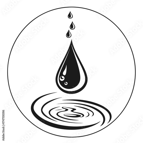 Black water drop falling into ripples inside a circle