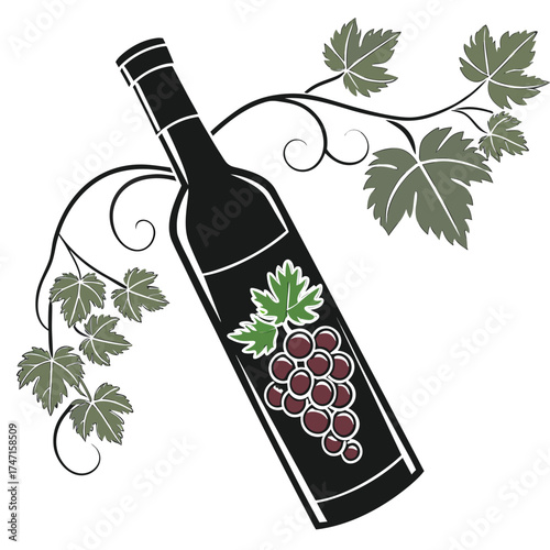 Black wine bottle with grape and vine on white black bottle