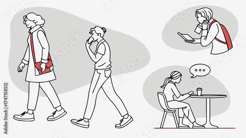 People in Different Poses Including Standing, Walking, Sitting, and Talking Outlined, Symbol for architecture and landscape drawing, Simple People line cad art