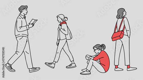 People in Different Poses Including Standing, Walking, Sitting, and Talking Outlined, Symbol for architecture and landscape drawing, Simple People line cad art