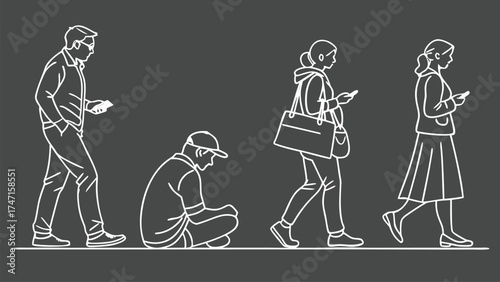 People in Different Poses Including Standing, Walking, Sitting, and Talking Outlined, Symbol for architecture and landscape drawing, Simple People line cad art