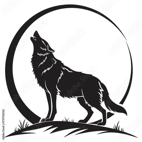 Black wolf silhouette howling at moon graphic circle