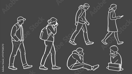 People in Different Poses Including Standing, Walking, Sitting, and Talking Outlined, Symbol for architecture and landscape drawing, Simple People line cad art
