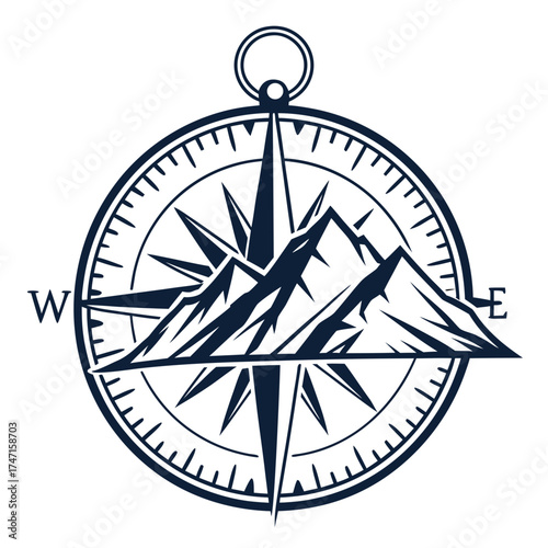 Dark blue compass with mountain graphic on white navigation
