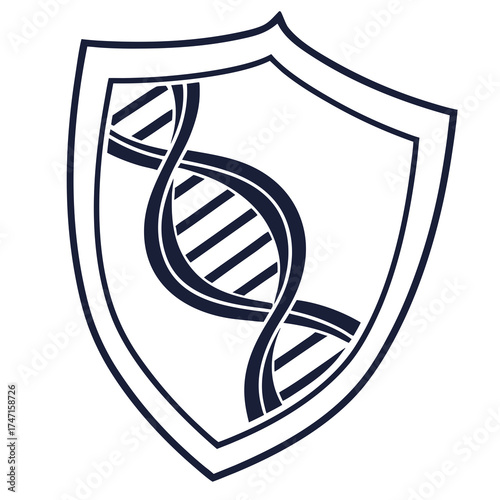 Dark blue D N A strand inside shield logo helix double helix