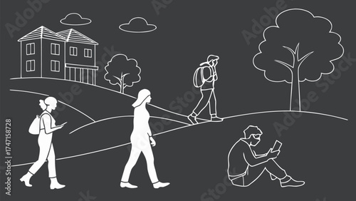 People in Different Poses Including Standing, Walking, Sitting, and Talking Outlined, Symbol for architecture and landscape drawing, Simple People line cad art