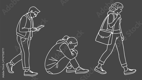 People in Different Poses Including Standing, Walking, Sitting, and Talking Outlined, Symbol for architecture and landscape drawing, Simple People line cad art