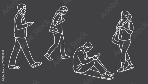 People in Different Poses Including Standing, Walking, Sitting, and Talking Outlined, Symbol for architecture and landscape drawing, Simple People line cad art