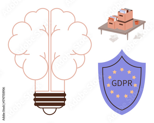 Brain lightbulb symbolizing innovation, GDPR shield emphasizing compliance, office desk with files for data management. Ideal for privacy, security, compliance, innovation, regulation, data