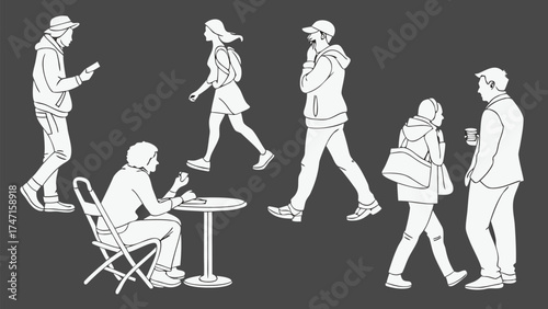 People in Different Poses Including Standing, Walking, Sitting, and Talking Outlined, Symbol for architecture and landscape drawing, Simple People line cad art