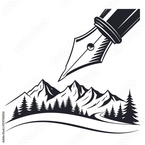 Fountain pen nib drawing mountain landscape trees pine trees