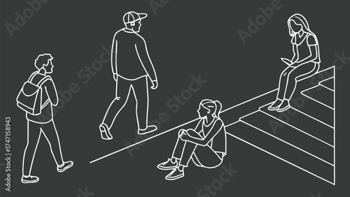 People in Different Poses Including Standing, Walking, Sitting, and Talking Outlined, Symbol for architecture and landscape drawing, Simple People line cad art