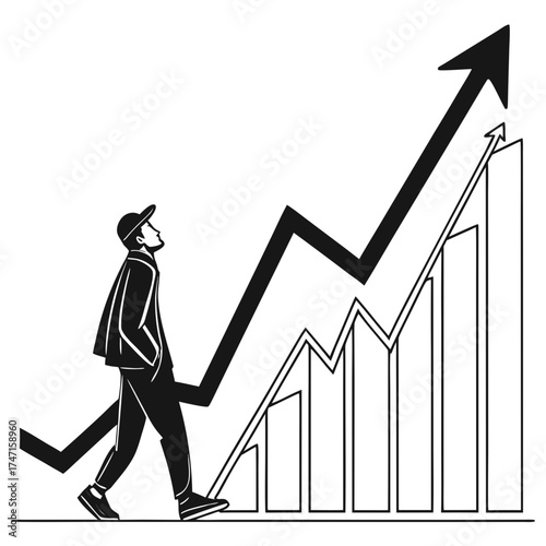 Man walking towards rising black graph arrow on white