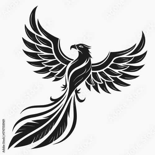 Minimalist black logo of a phoenix bird white