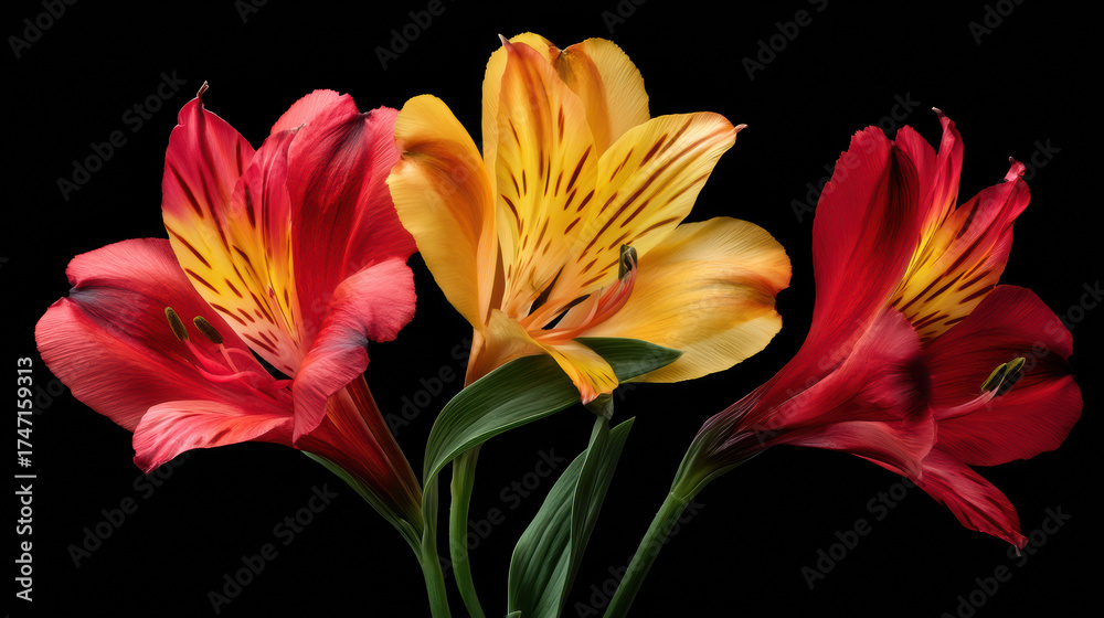 Fototapeta premium Three vibrant alstroemeria flowers bloom with fiery red and golden yellow petals against a stark black backdrop, showcasing nature's delicate beauty and artistry.