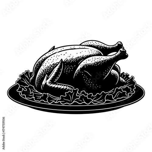 Vector art of roasted chicken on a platter with lettuce