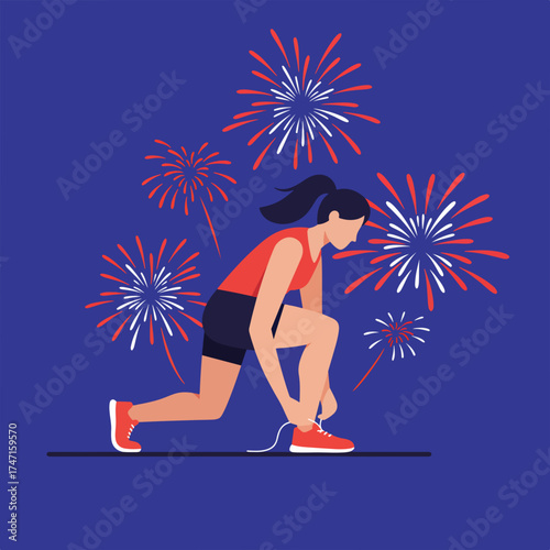 Celebratory Independence Day run with determined athlete tying shoelaces before race, fireworks in background, embodying patriotism and healthy lifestyle