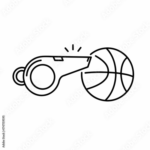 Dynamic line art of basketball and whistle for sports brand, coaching blog, or athletic event promo – conveys energy, focus, and sporting spirit