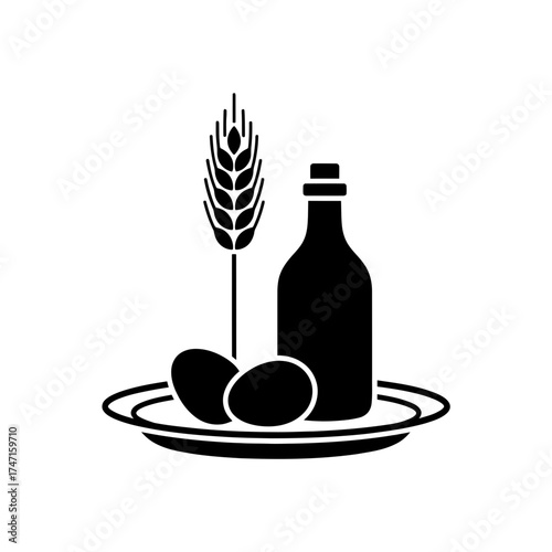 Vector art of plate with eggs, wheat stalk, and bottle