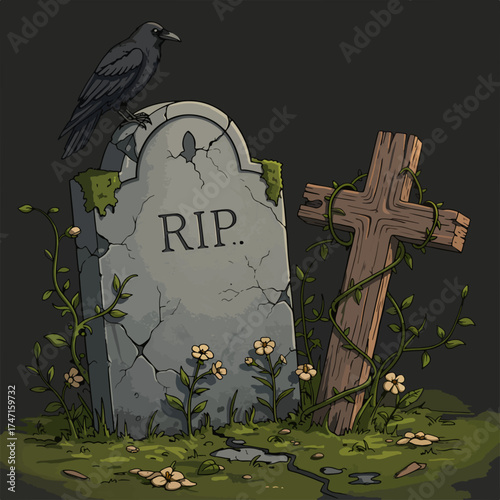 Spooky Halloween scene with crow perched atop weathered gravestone beside vine-covered cross, perfect for eerie designs and haunting holiday themes