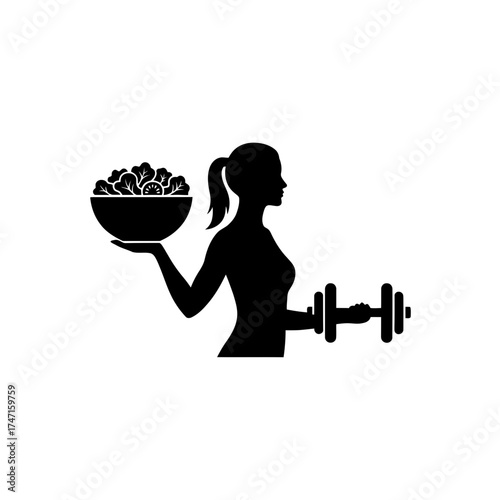 Vector art of silhouette of a woman holding a bowl of food and a dumbbell
