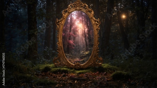 A mystical portal mirror in a verdant forest, with sunlight spilling into the unknown