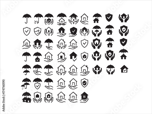 Print Home Insurance and Protection Icons Set  Safety Shield House Umbrella and Security Symbols