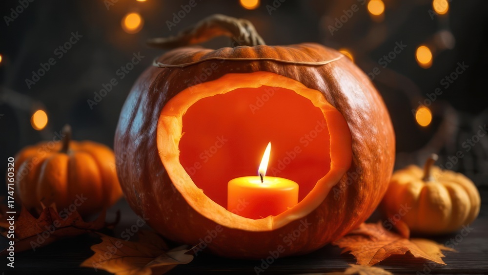 Obraz premium A carved pumpkin with a candle inside, pumpkins around, and orange lights in the background