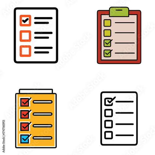 Different checklist icons with checkboxes and lines representing tasks. Checklist Icons Set.