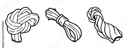 Illustration of different types of rope knots and coils on a white background. Rope Knot and Coils  Vector Illustration