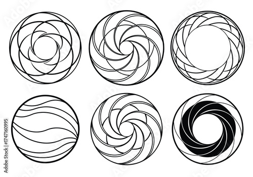 Abstract circular geometric designs with swirling lines and patterns. Abstract Circular Geometric Designs with Swirling Lines Vector Set