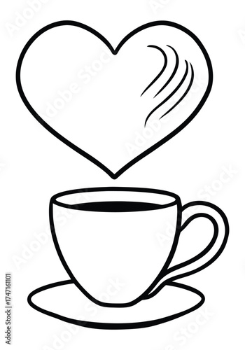Simple line art illustration of a heart above a cup of coffee. Heart Shaped Steam Rising From a Cup of Coffee