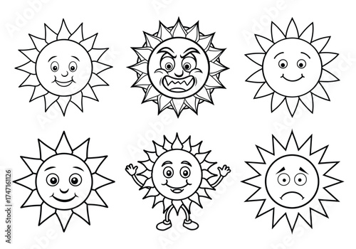 Collection of cartoon sun characters with different facial expressions and emotions. Collection of Cartoon Sun Faces with Different Expressions.