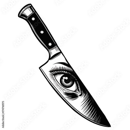 A black and white artistic illustration of a kitchen
knife with a detailed human eye carved into its blade. The knife handle is ornate with decorative metalwork and a black grip