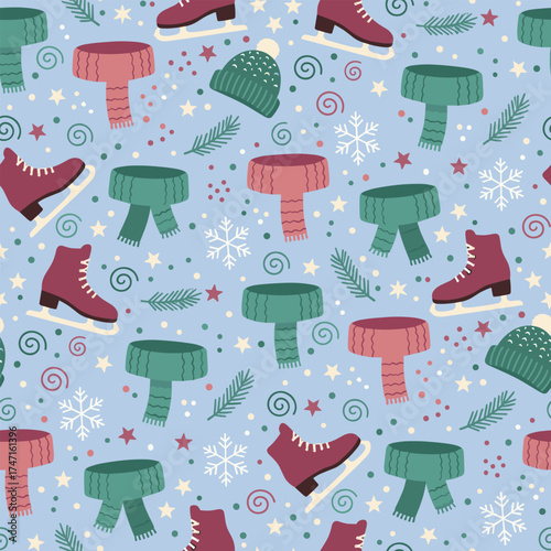 Christmas Pattern Vector. Seamless Skater Pattern with Skate and Snow. winter holiday seamless pattern Background.