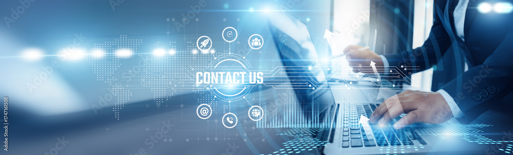 Naklejka premium Businessman using laptop and contact us analyzing technological data, customer interaction channels, inquiry management, support ticketing, CRM integration, communication strategies