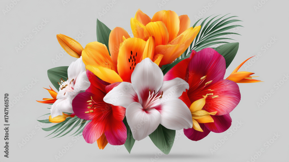Fototapeta premium A vibrant and colorful bouquet arrangement featu lilies, alstroemeria, and tropical greenery creates a beautiful floral display on a soft gray background.