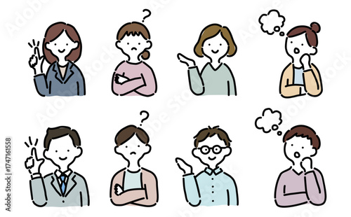 手描き風ゆるいイラスト：様々な表情の男女